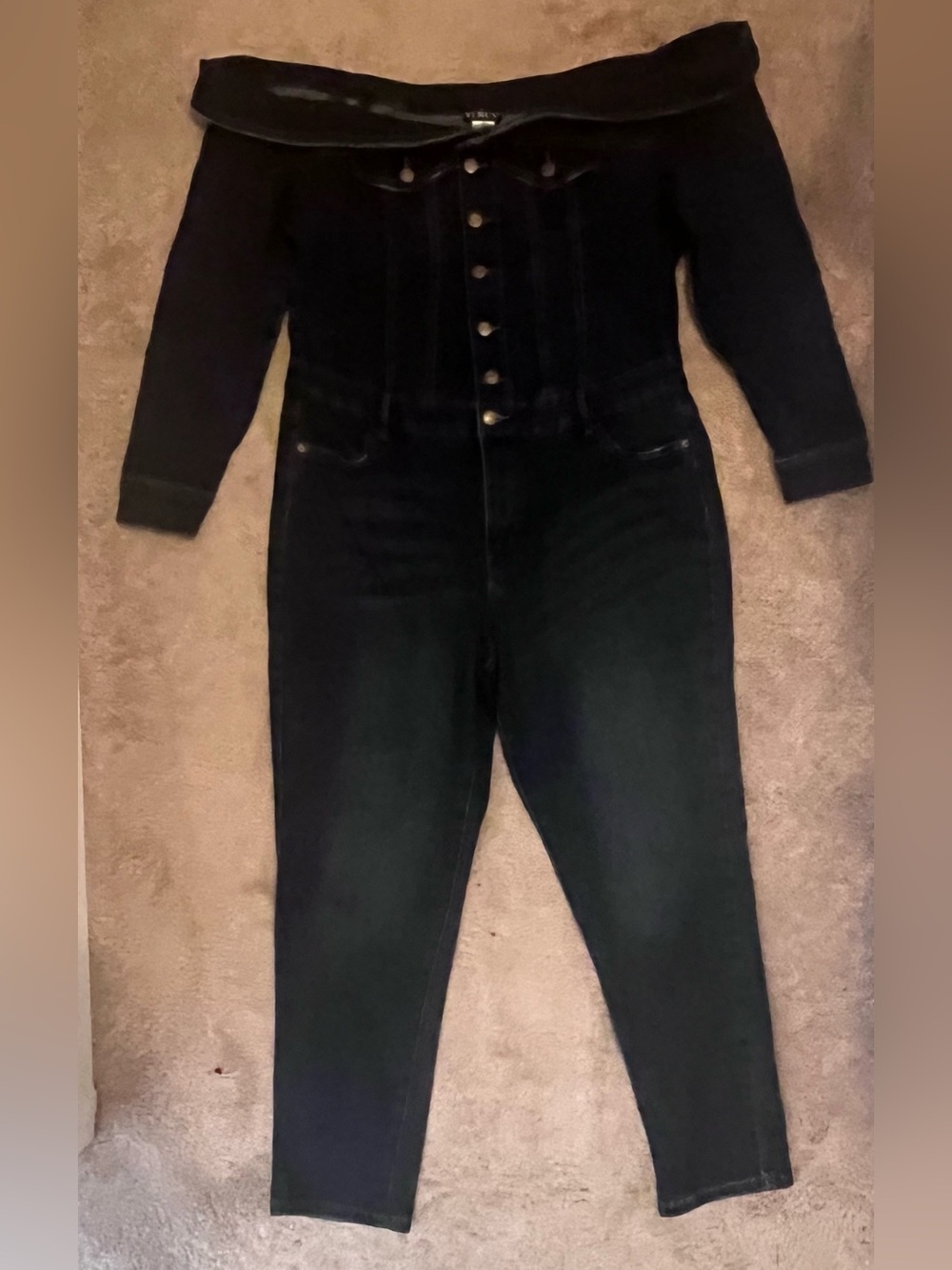 Dark Blue Off-Shoulder Denim Overalls Jumpsuit - Picture 12 of 12